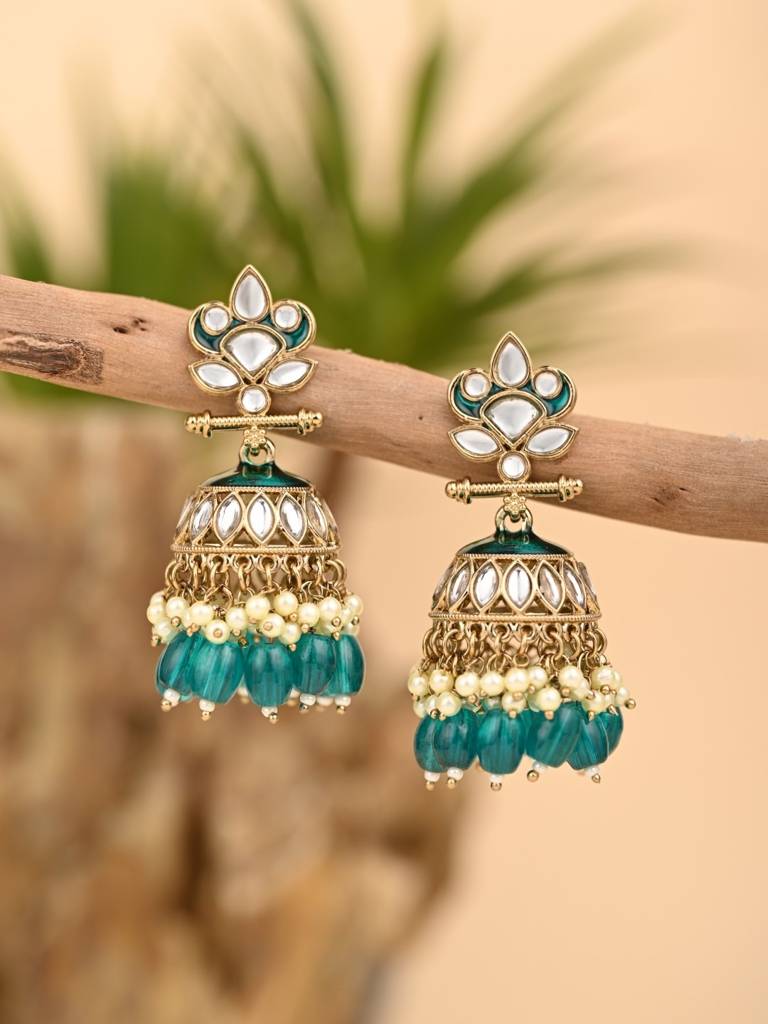 Gold Plated Kundan & Meenakari Jhumka Earrings : S24FAER411TEA