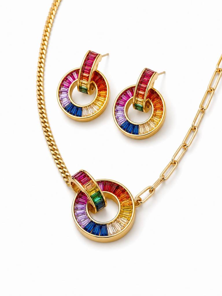 Caleidoscopio Rainbow Interlocking Necklace & Earring Set, 18K Gold-Plated : SET967MRPS