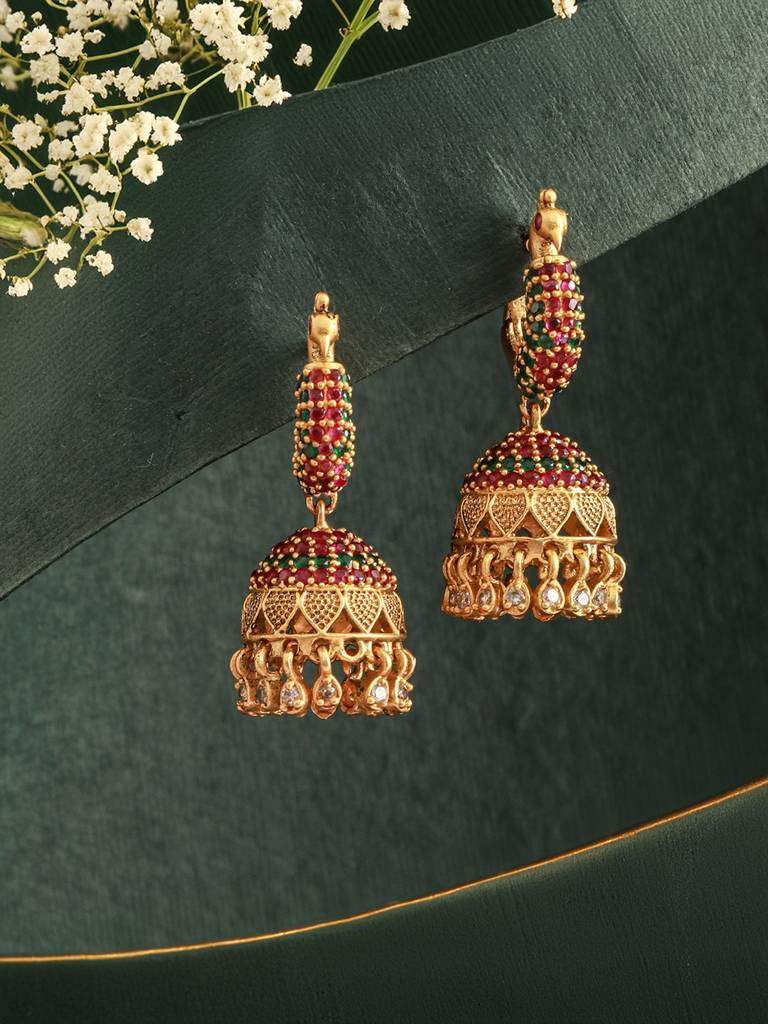 24Ct Gold-Plated Stone Studded & Beaded Peacock Shaped Jhumkas : EAR-JS24-30316