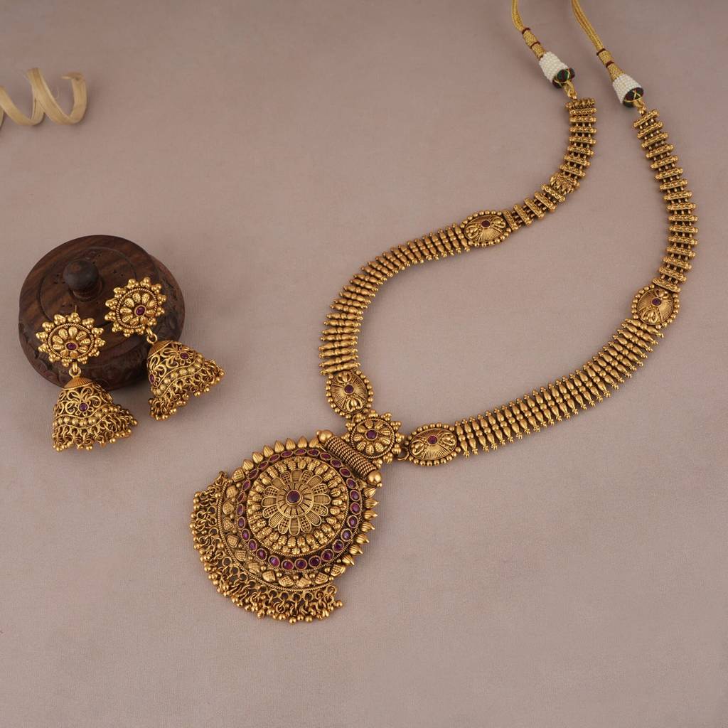 Stunning Antique Gold Finish Long Floral Ruby Stone Necklace Set With Jhumka Earring : SJ023