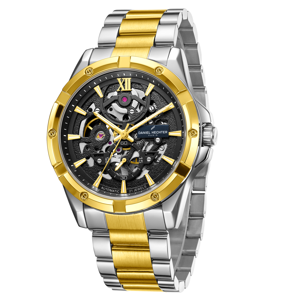Paris Tech Collection Automatic Skeleton Wrist Watch For Men – Round Dial, Stainless Steel Strap, 21-Jewel Mechan : DHM1060-33