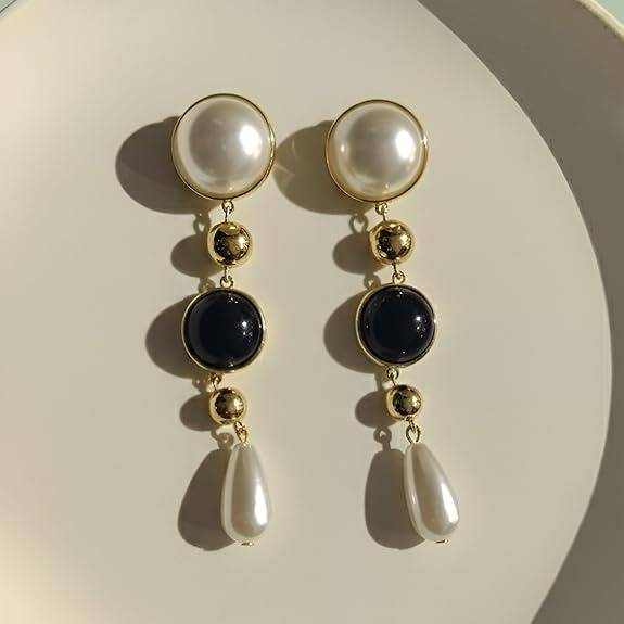 Pearl  Black Onyx Stone With Anti-Tarnish Long Drop Earrings For Women : HSPS60MB1371