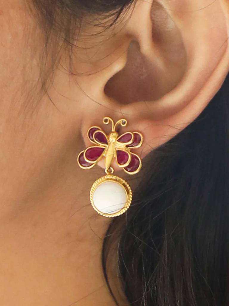 92.5 Silver Butterfly Earring With Pearl Drop : U080SG009E0806