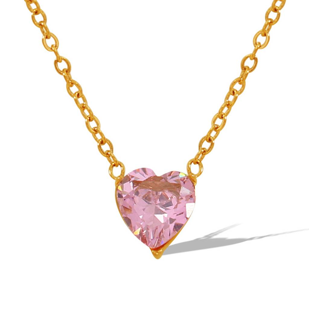 18K Gold Plated Waterproof, Anti-Tarnish White/ Pink Heart Zircon Pendant Necklace : AOU0125PN90PK