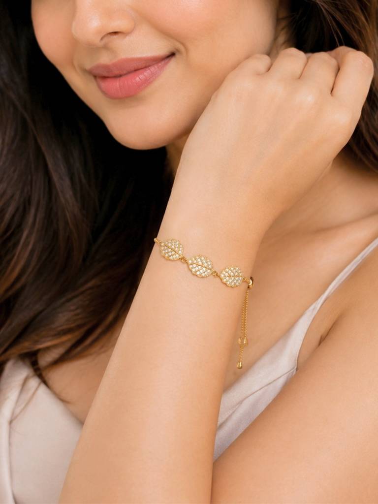 18K Gold Plated Cz Leaf Charm Adjustable Bracelet : AKBR020