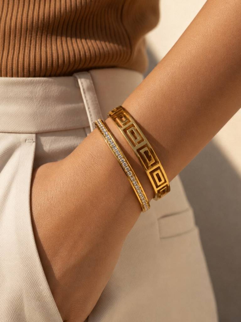 Cz Studded & Geometric Gold Bracelet Stack – Set Of 2 : CBR010CSG