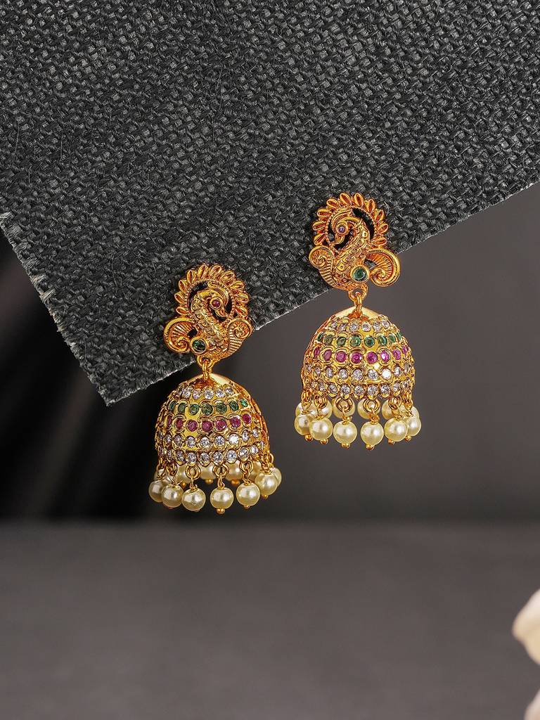 Gold Plated Multi Colored Ad Studded Peacock Temple Jhumka Earrings : SJER2974