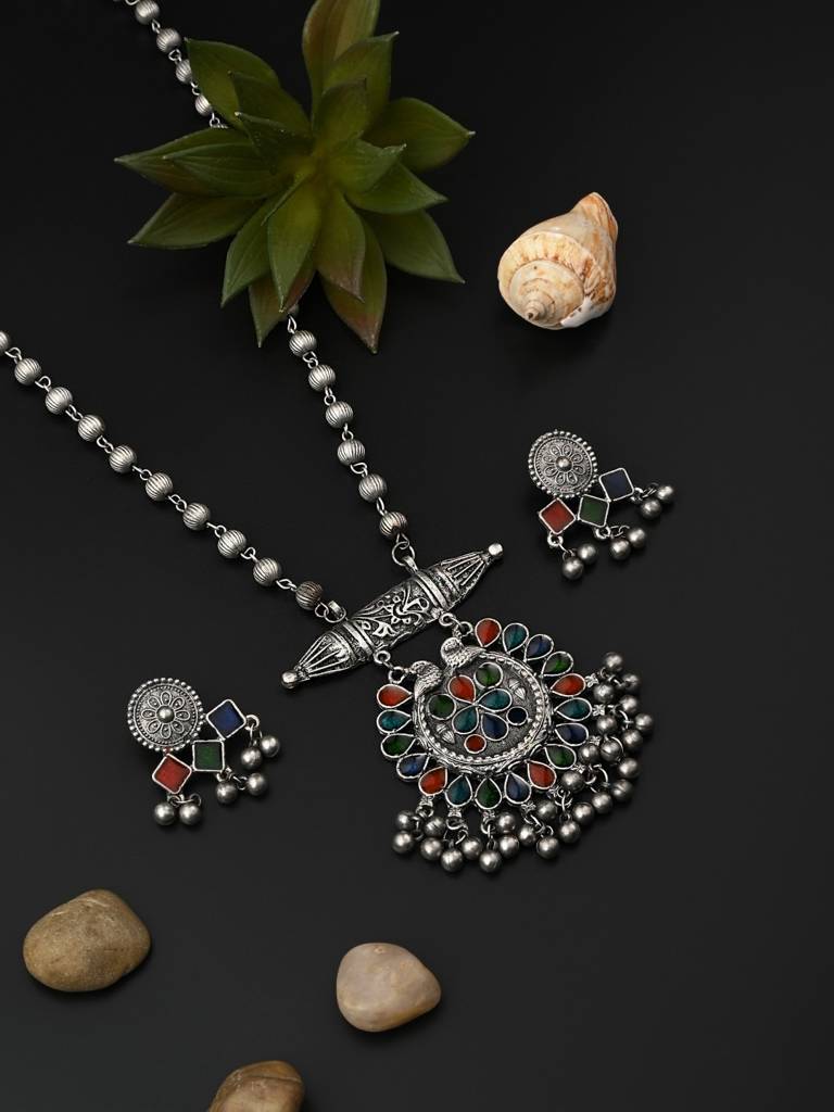 Silver Oxidised Finish Meenakari Jewellery Set : S24MRNKS397SLV
