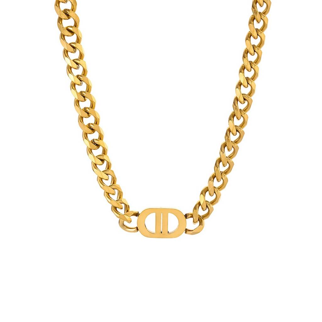 18K Plated Waterproof Antitarnish Chain Link Necklace With Double D Monogram : AMO0924N689G