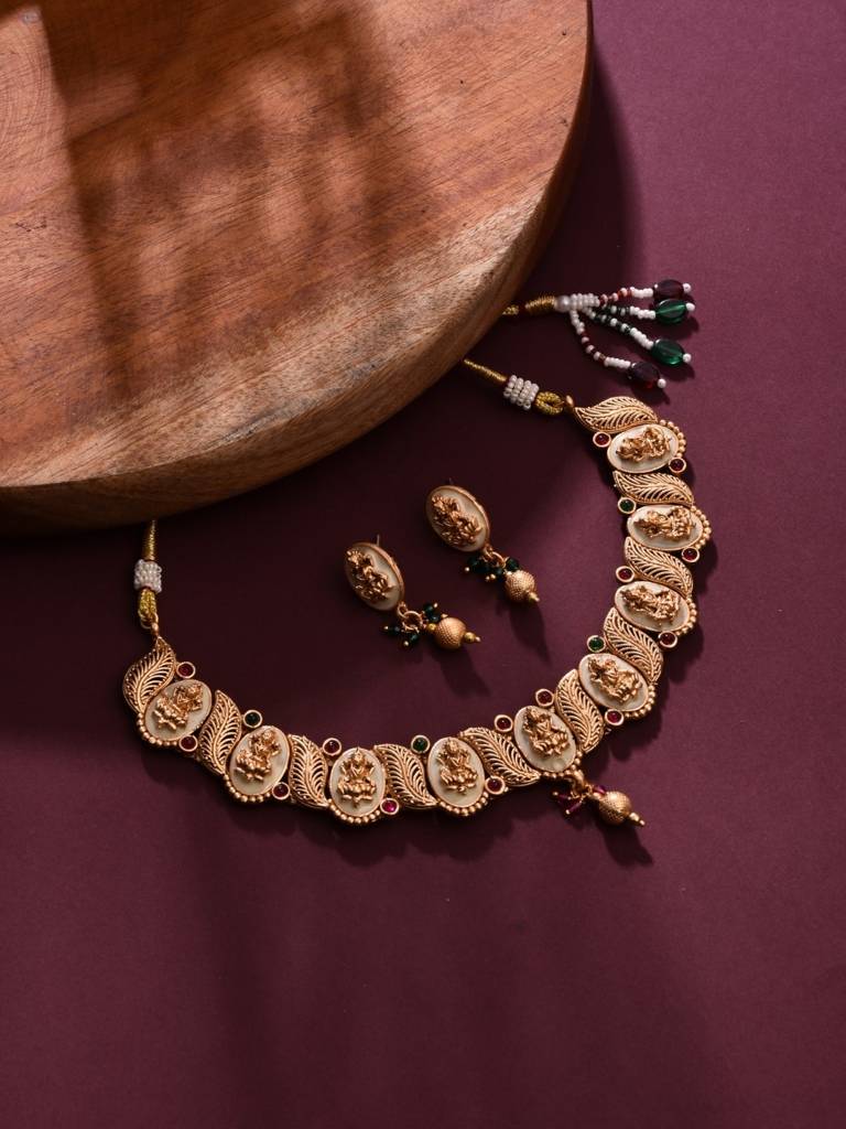 Anvik Temple Style Necklace Set With Lakshmi On Mother Of Pearl