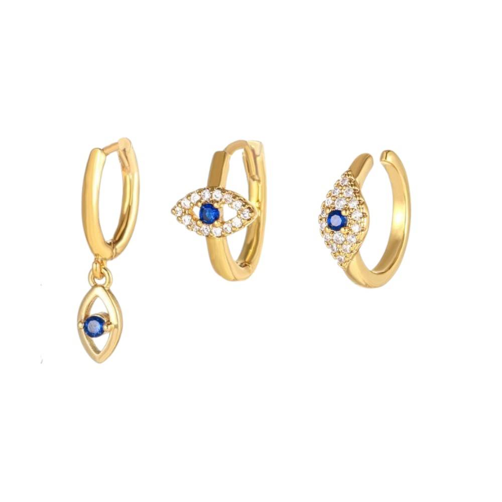 Set Of 3 18K Plated Antitarnish Zircon Evil Eye Earring Set For Single Ear Only : AWU0125E67C3