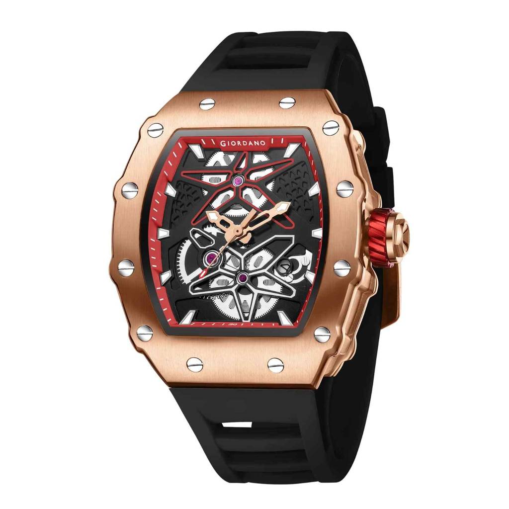 Giordano Analog Skeleton Dial Watch For Men Â Tonneau Case, Silicone Strap, Open-Gear Sport Design, Quartz Mov : GZ-50188-22