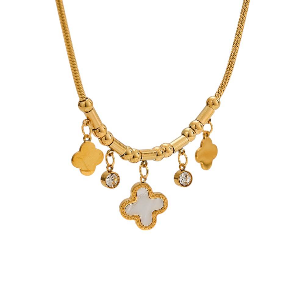18K Gold Plated Anti-Tarnish White Clover And Zircon Drops Charm Necklace : ATO0625N026GWH