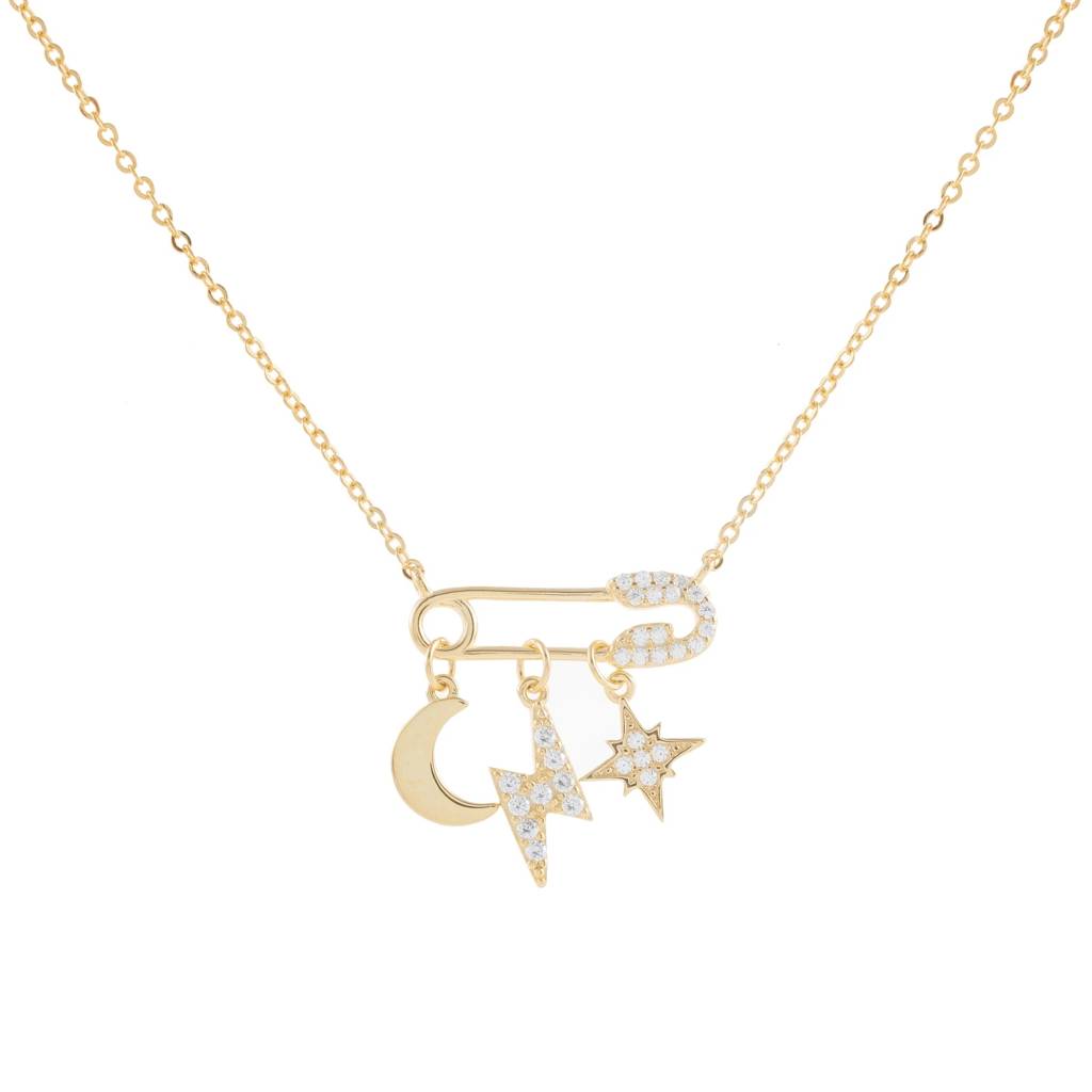 18K Gold Plated Waterproof, Anti-Tarnish Star, Moon Pin Drops Pendant Necklace : AWU0125PN278