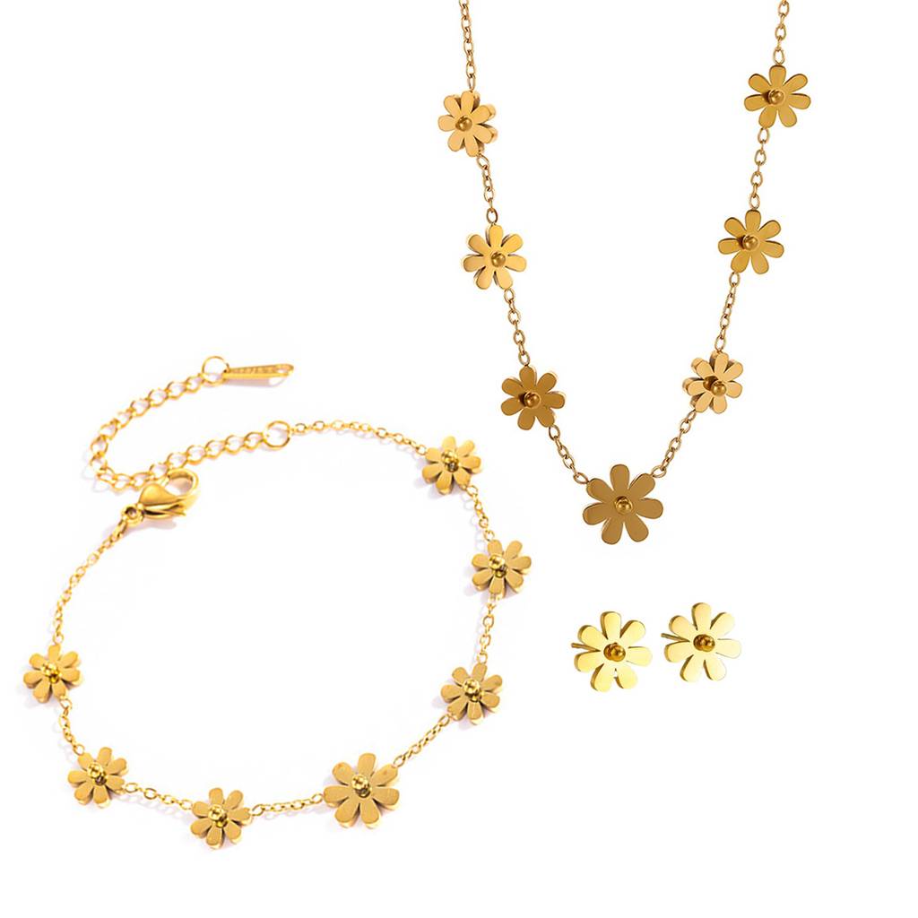 18K Gold Plated Waterproof Anti-Tarnish Floral Charm Necklace Bracelet & Stud (Pack Of 3) : ASJ0125NSB075C
