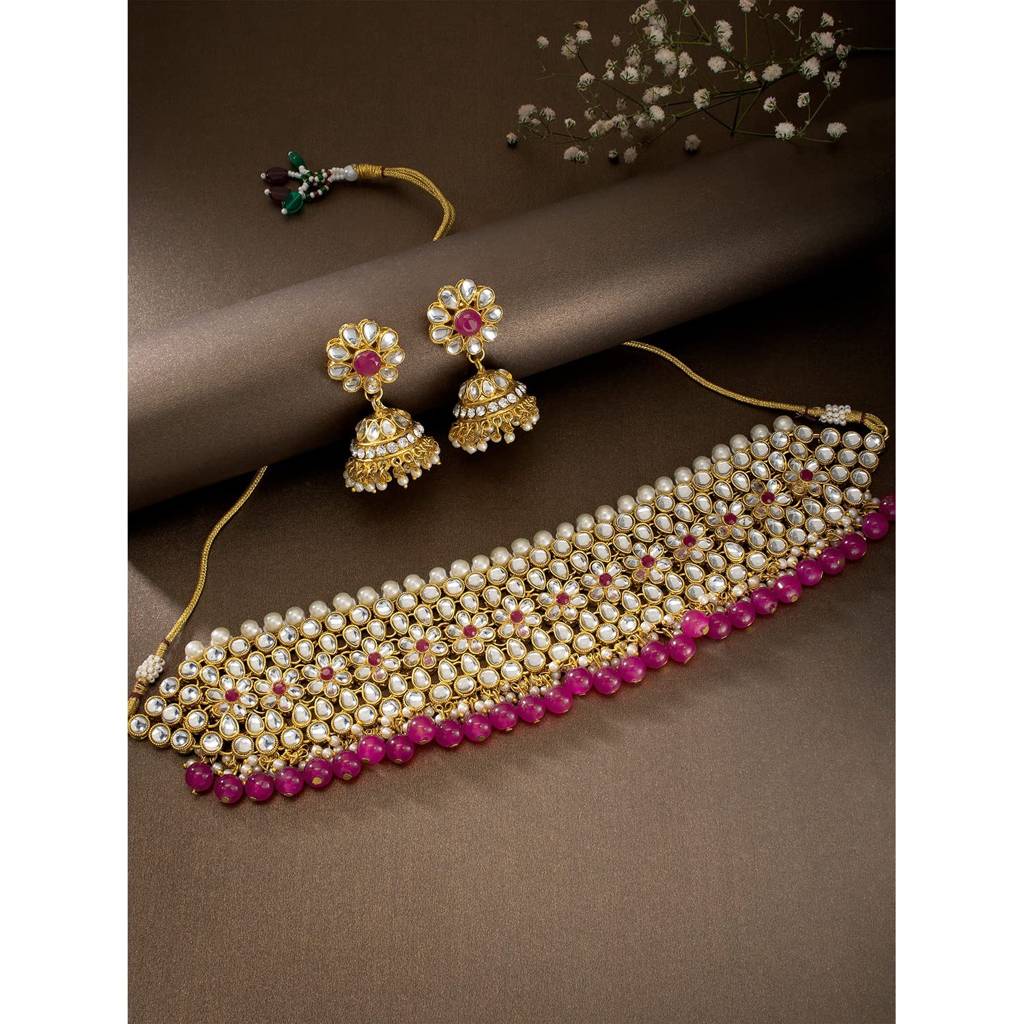 Peora Wedding Kundan Faux Pearl Choker Necklace Earring Traditional Jewellery Set For Women : PF25N1161RP