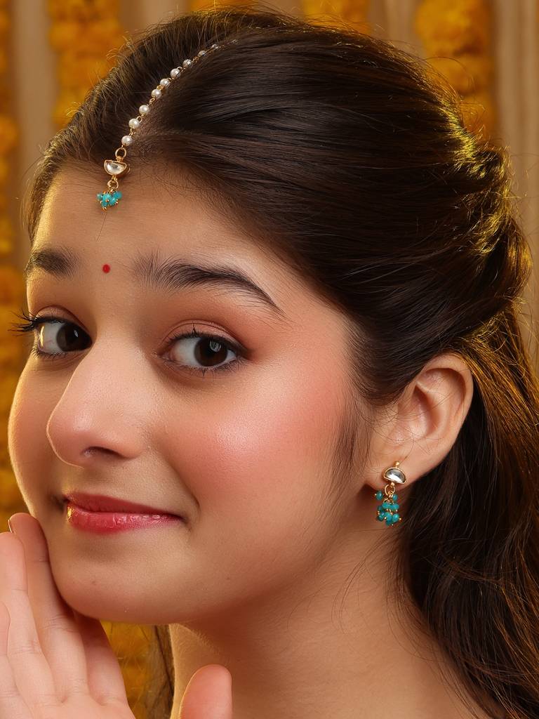 Ruby Raang Semi-Circle Gold Blue Earrings Set With Maang Tikka : RRKDEC25-15