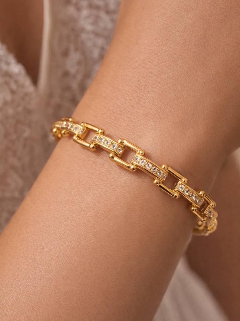 Gold Chain Link Cz Studded Bracelet | Anti-Tarnish Everyday Jewelry : ATB784CLSB
