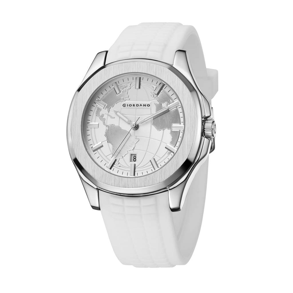 Stylish World Map Design Analog Watch For Men With Silver Case Round Dial, Textured Silicone Strap, Water Resist : GZ-50147-06