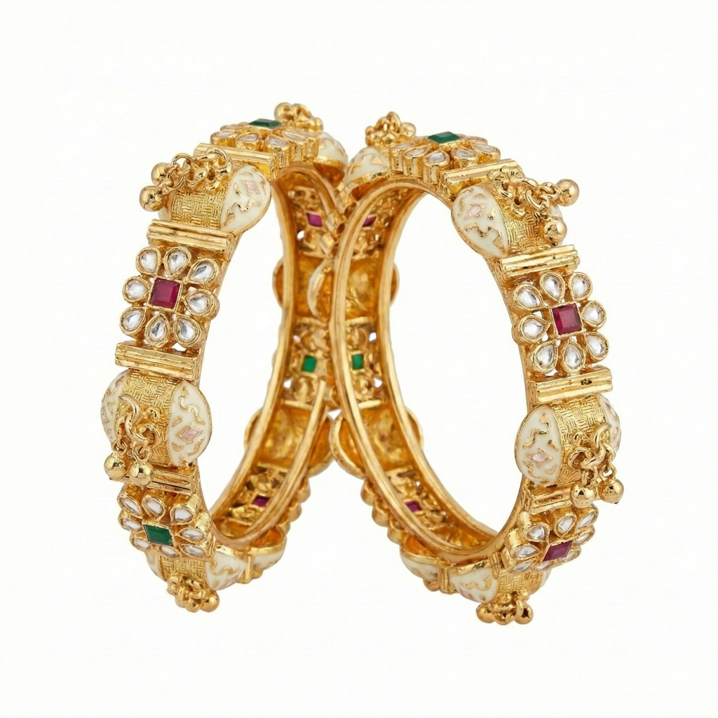 Royal Heritage: Gold-Plated Kundan & White Meenakari Elephant Kada Bangles (Pair) : BV-BG-14-24