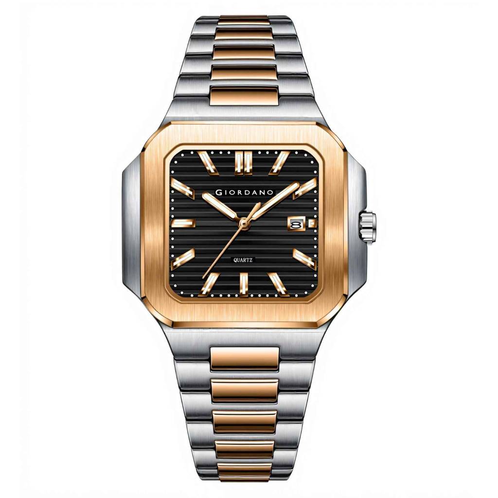 Giordano Square Formal Watch For Men Â Textured Dial,Day & Date Display And Stylish Stainless Steel Strap : GZ-50174-11