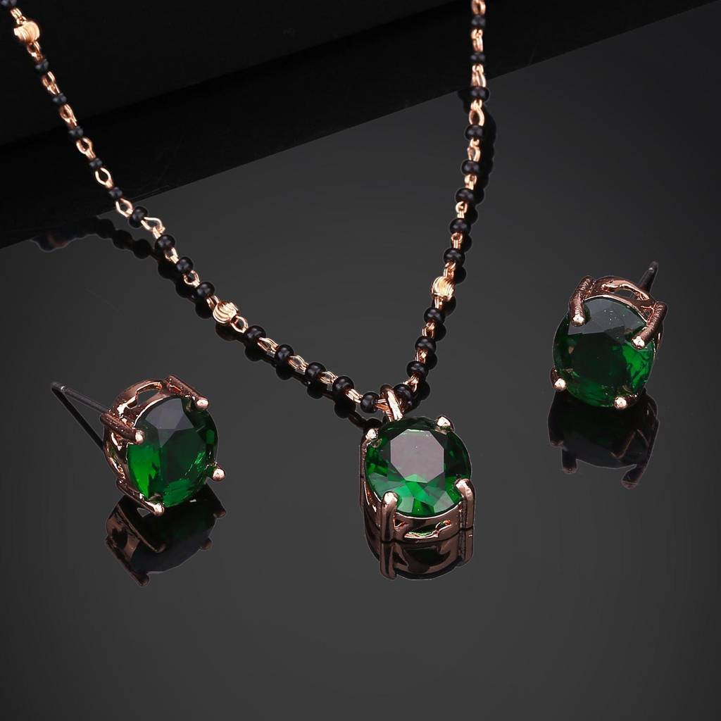 Estele Rose Gold Plated Cz Elegant Mangalsutra Necklace Set With Emerald Stones For Women