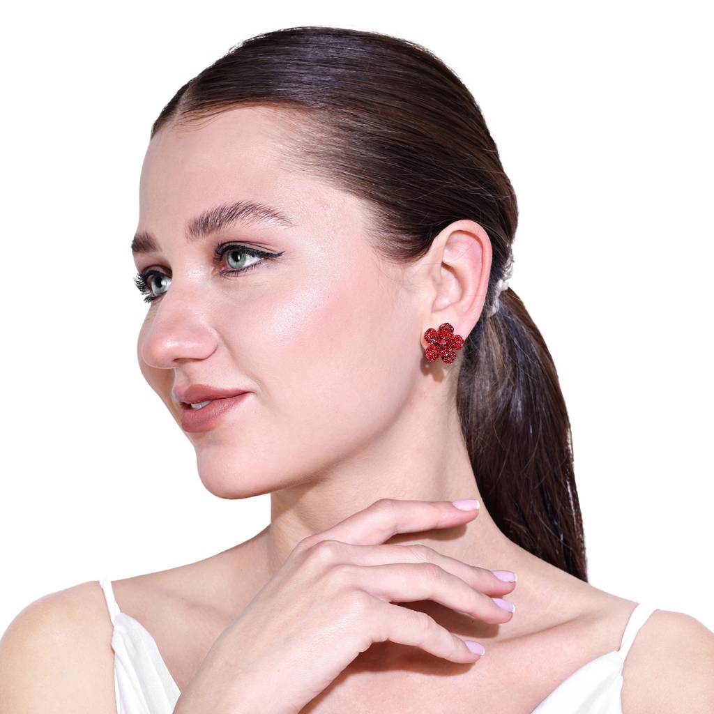 Dazzling Ruby Red American Diamond Rose Motif Stud Earrings With Luxurious Rosegold Finish : AD-815-RGRBERER