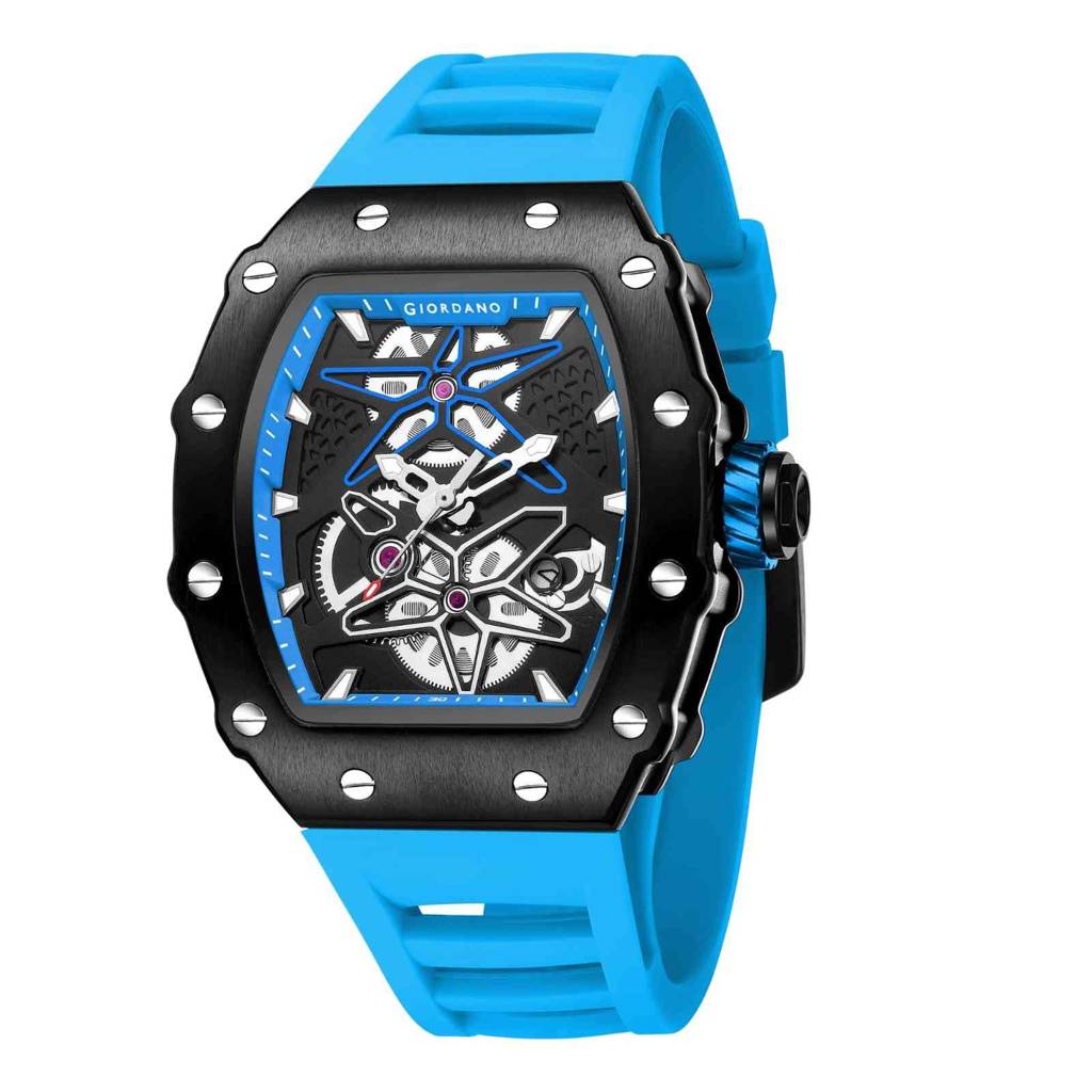Giordano Analog Skeleton Dial Watch For Men Â Tonneau Case, Silicone Strap, Open-Gear Sport Design, Quartz Mov : GZ-50188-77