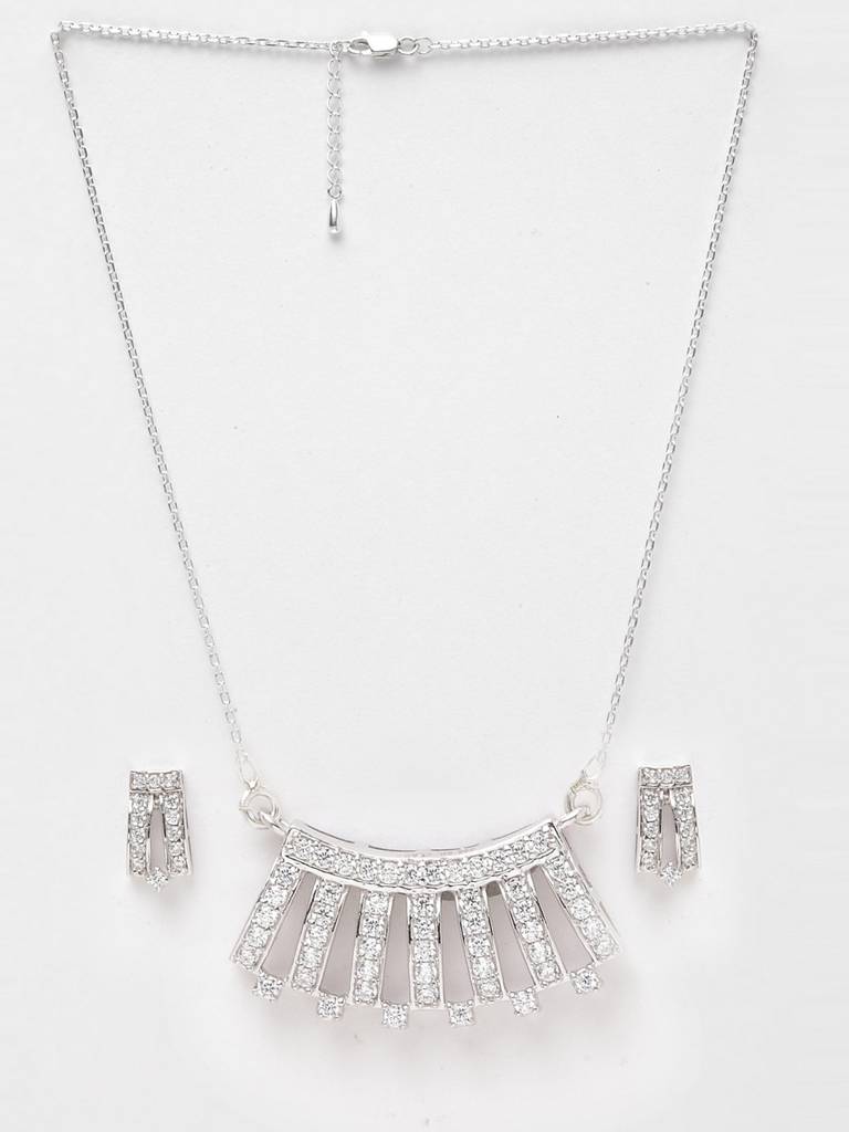 925 Sterling Silver Rhodium Plated Ayla Pendant Earring Necklace Set With Chain Gift For Women And Girls : CSWZMP72ME72_SCH