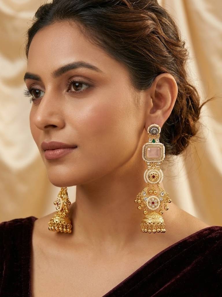 Gold-Plated Kundan And Stone Long Chandbali Jhumka Earrings : VI26EROX100344