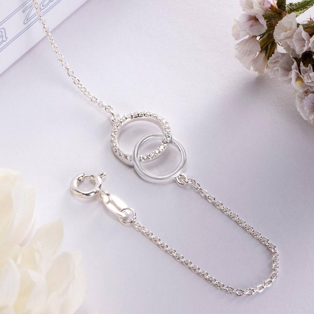 Double Circle Cz Rhodium Plated 925 Sterling Silver Bracelet : BR-80182