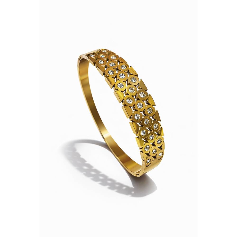 Gold-Plated Crystal Studded Wide Cuff Bracelet : 100768