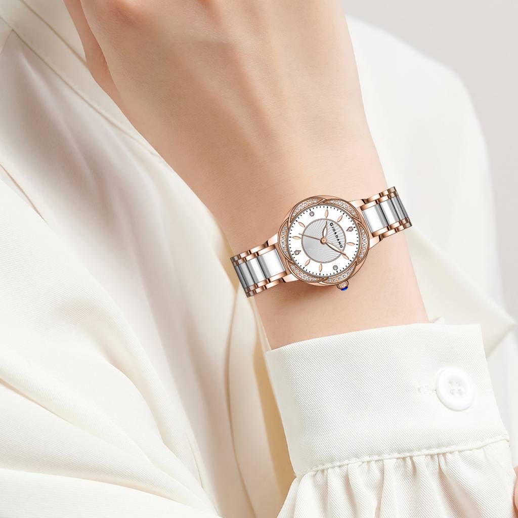 Giordano Flower Case Watch For Women With Crystal-Studded Bezel, Diamond Hour Markers & Dual Tone Stainless Stra : GZ-60095-33