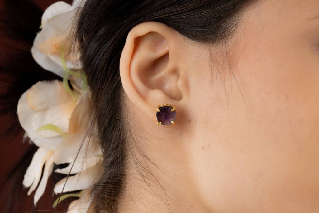Natural Uncut Amethyst Gemstone Studs : NAGE23