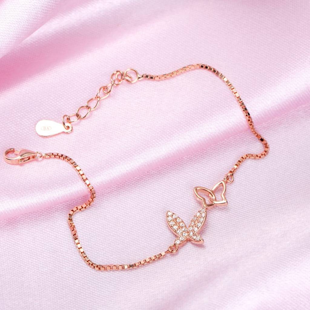 Butterfly Cubic Zirconia Rose Gold Plated 925 Sterling Silver Bracelet : BR-80299-RG