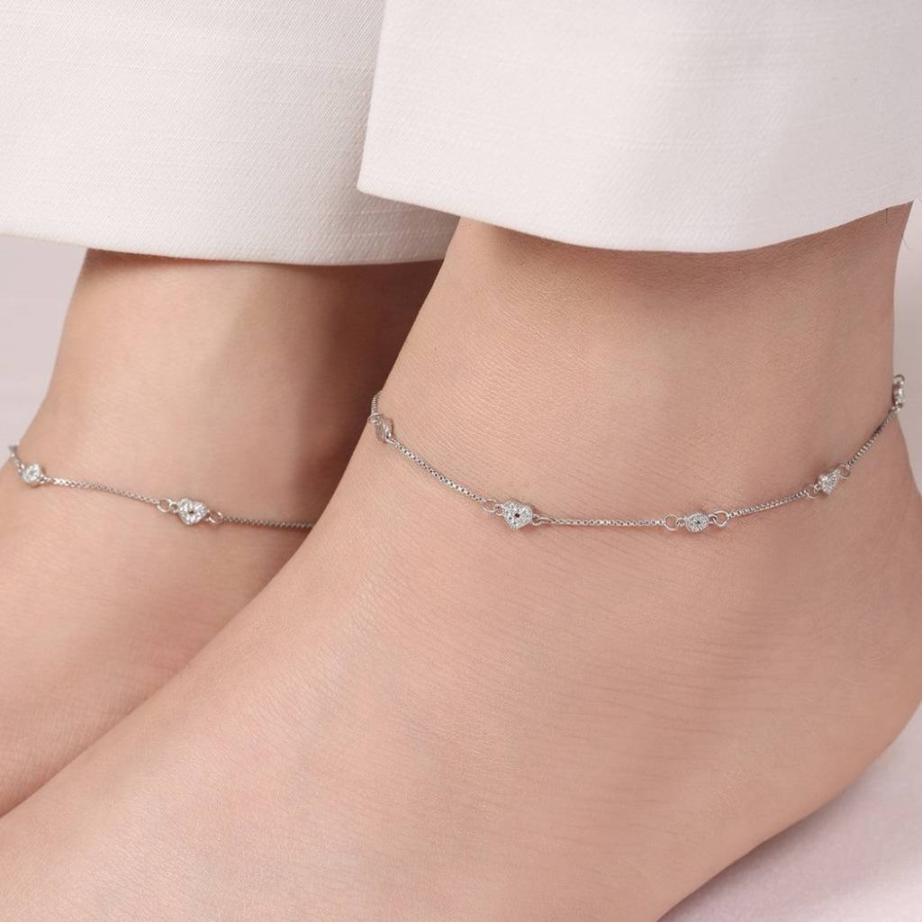 Minimal Heart Trinket 925 Silver Anklet : ANK-60030-PAIR