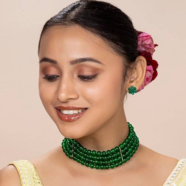 Peora Gold Plated Pearl Beaded Choker Necklace With Stud Earrings For Women Traditional Stylish Jewellery Set (Bl : PF26N1402G