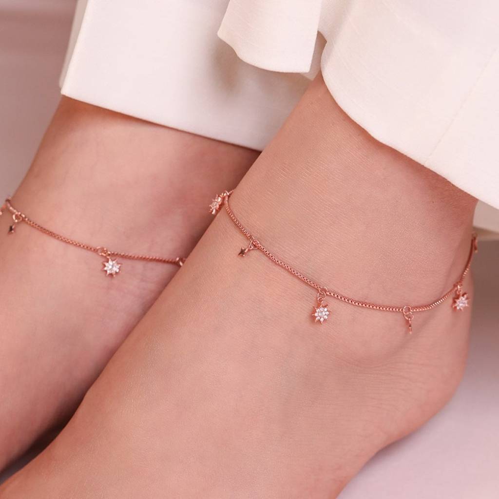 Enchanting Star 925 Silver Anklets In Rose Gold : ANK-60033-PAIR