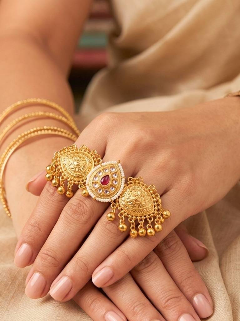 Women Gold-Plated Antique Stone Studded & Beaded Finger Ring : VI26RIAD1000031