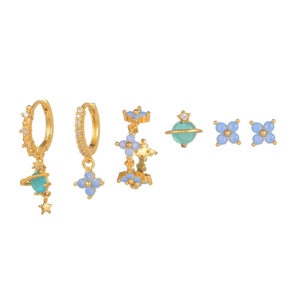 Set Of 6 18K Plated  Antitarnish Blue Floral Earring Set For Single Ear Only : AWU0125E066BL