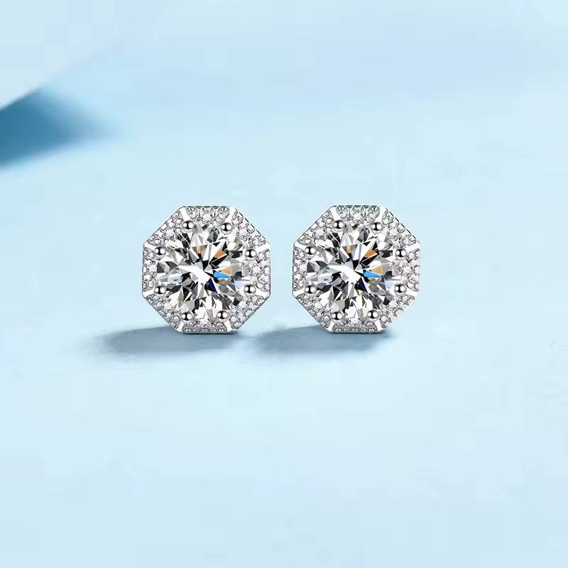 2 Ct / Pair Glimmer Guard Octagon Moissanite Stud Earrings D/Vvs1 : Octagon_Round_2ct
