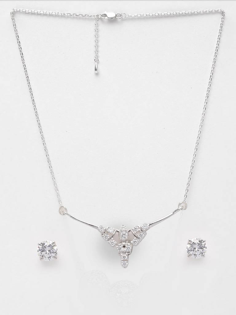 925 Sterling Silver Rhodium Plated Alice Pendant Earring Necklace Set With Chain Gift For Women And Girls : CSWZMP65ME51_SCH
