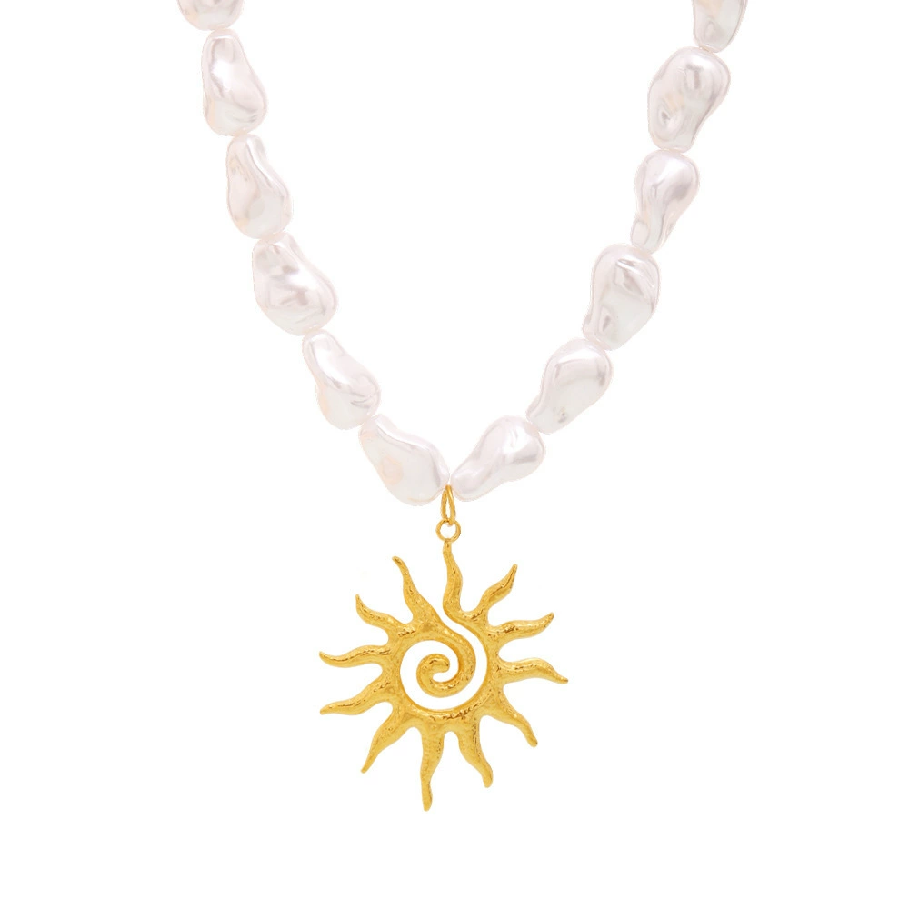 18K Gold Plated Waterproof Anti-Tarnish Baroque Pearl Sun Pendant Necklace : AFT0725N284GWH