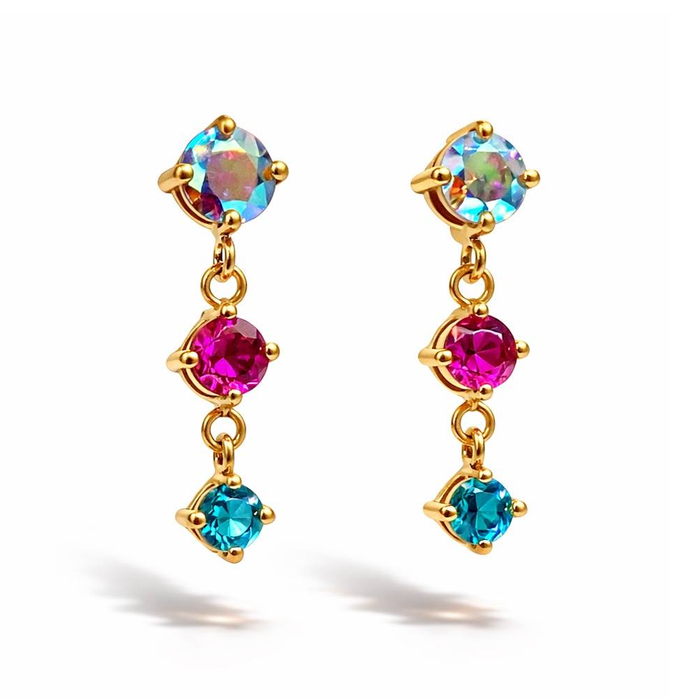 Gold Plated Multicolor Crystal Drop Earrings For Women | Elegant Triple Stone Dangle Earrings : 100694