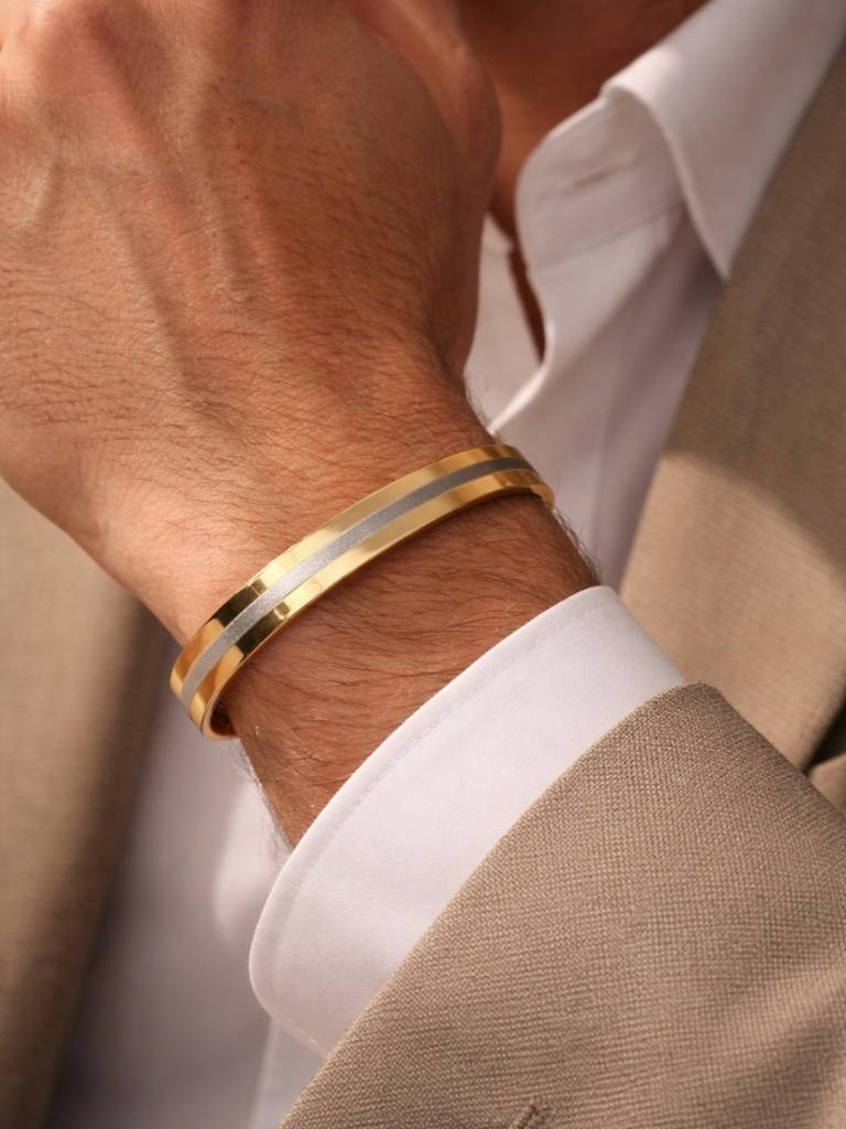 18K Gold Plated Striped Kada For Men | Stainless Steel Bracelet : MATB829GSK