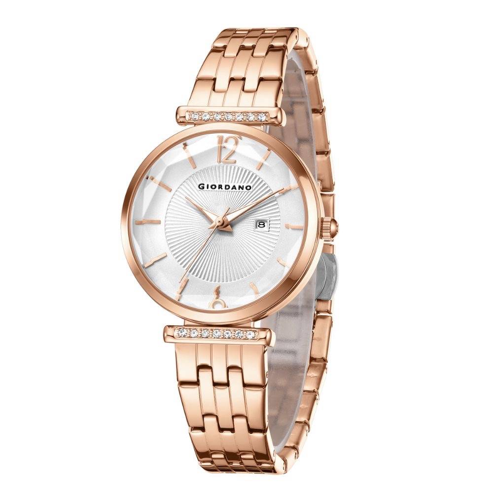 Giordano Exquisite Analog Watch For Women With Round Cut Glass Textured Dial, Stainless Steel Strap And Date Dis : GZ-60111-33