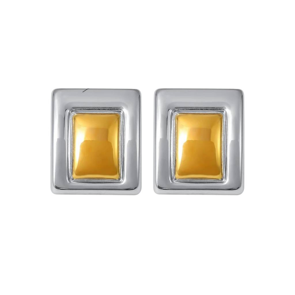 18K Plated Waterproof Anti-Tarnish Two-Toned Statement Rectangle Stud Earrings : ALL0725E603SG