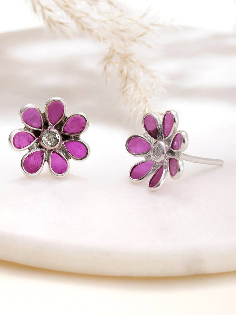 92.5 Silver Red Hydro Flower Stud Earrings : U100SG003MY045