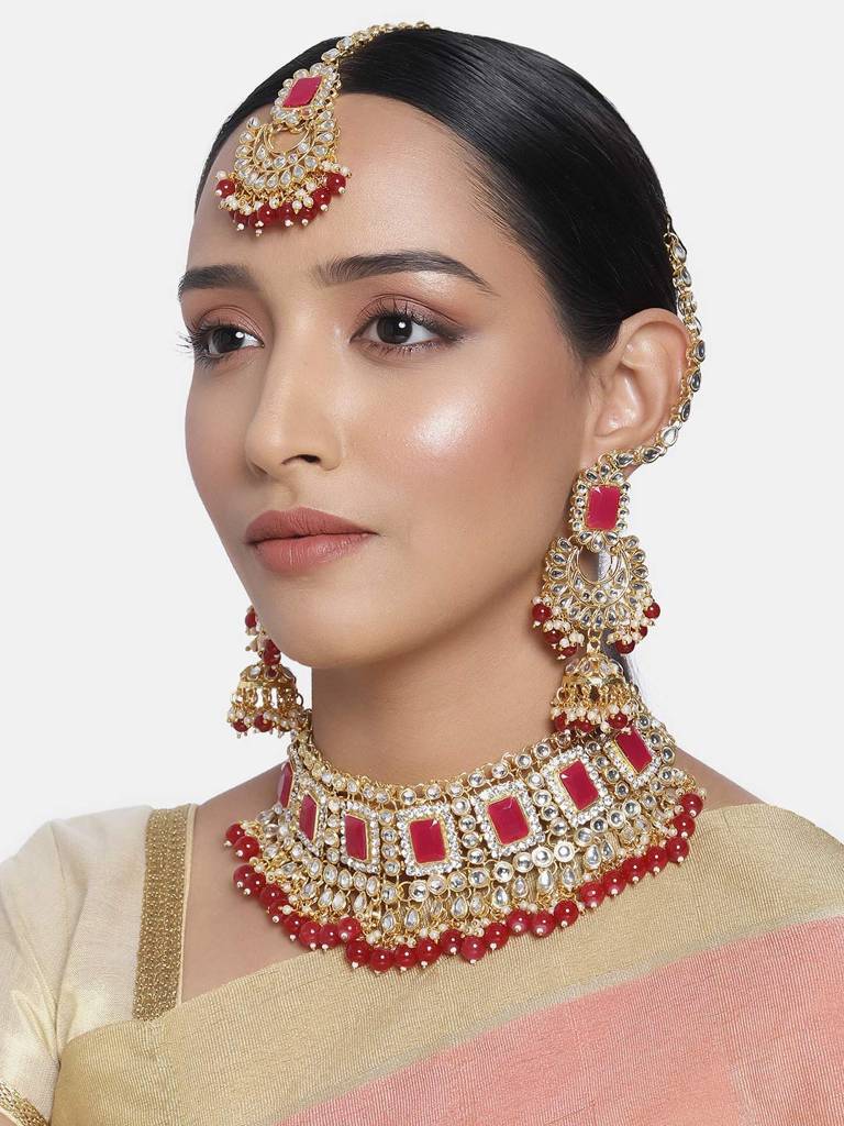 Peora Rani Padmavati Dulhan Bridal Kundan Pearl Choker Necklace With Earrings Maang Tikka For Women Girls Indian  : PF26N1383M