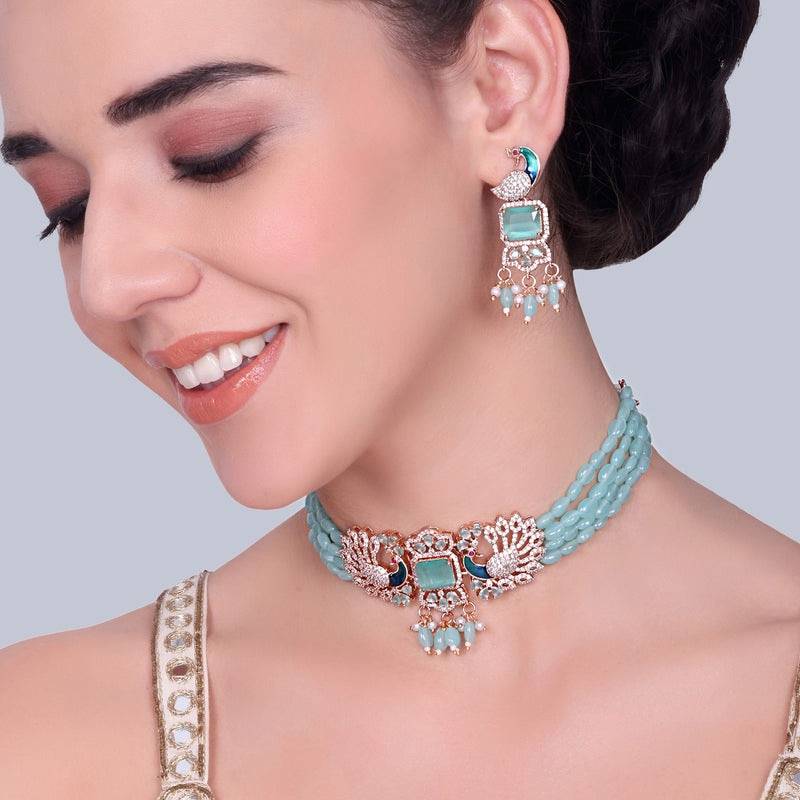 Luxury Rose Gold Finish Cz Multi String Choker Set – Bridal & Festive Wear : AD-934-RGMGNKER